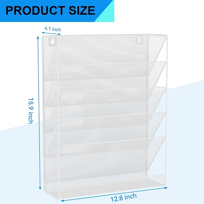 Wall File Organizer Holder Mesh Hanging Paper Document Holder,Vertical 6 Pocket Tier for Office Home, White - Image 3
