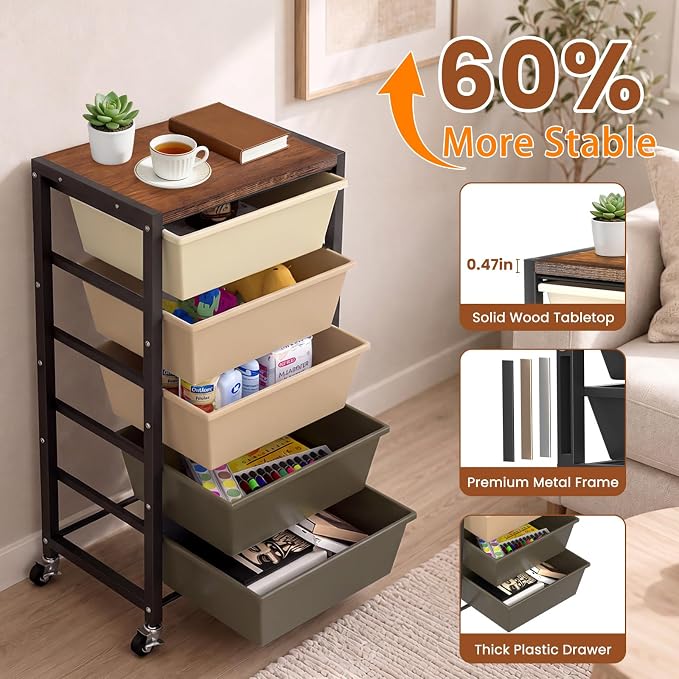 Rolling Cart with 5 Drawers, Plastic Drawer Storage Carts with Wheels & Wooden Tabletop, Metal Utility Cart for Office Bedroom Living Room Classroom, Craft Organization and Storage, Brown - Image 5