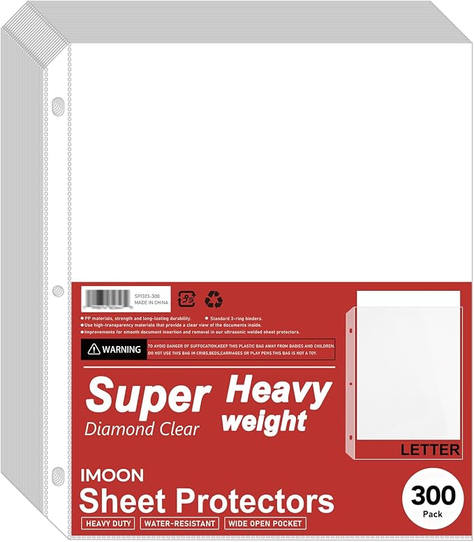 Super Heavyweight 3-Hole Letter Size Sheet Protectors - High Transparency Plastic Heavy Duty Sleeves for 3 Ring Binders, Archival Safe, Durable Page Protectors for Documents, 8.5x11 Inch (300 Pack) by Unknown
