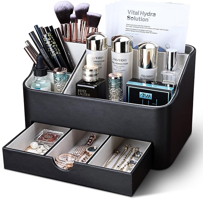 Desk Organizer with Drawer, Multifunction Pencil Holder for Desk, Desk Organizer and Accessories 5 Compartments for Home Office Supplies (Black) - Image 2