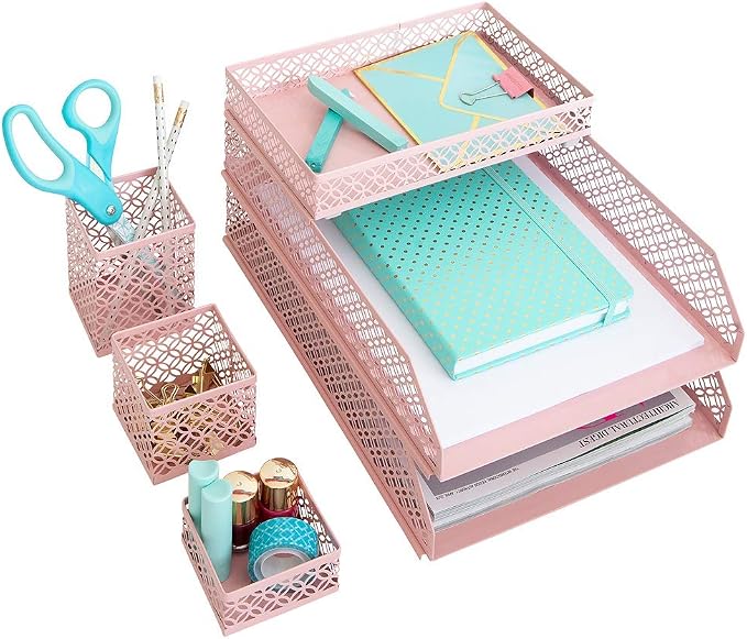 BLU MONACO | Pink Desk Organizer Set for Women 6 Piece | Mail Sorter Organizer Countertop with Letter Trays | Standing File Organizer with Mesh Pen Holders by Blu_Monaco