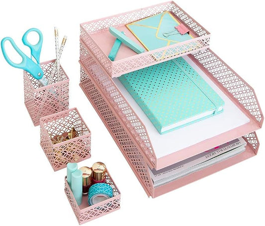 BLU MONACO | Pink Desk Organizer Set for Women 6 Piece | Mail Sorter Organizer Countertop with Letter Trays | Standing File Organizer with Mesh Pen Holders by Blu_Monaco