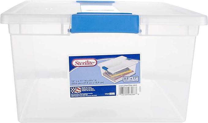 Sterilite Deep Clip Box, Stackable Small Storage Bin with Latching Lid, Plastic Container to Organize Paper, Office, Home, Clear Base and Lid, 1-Pack by Sterilite