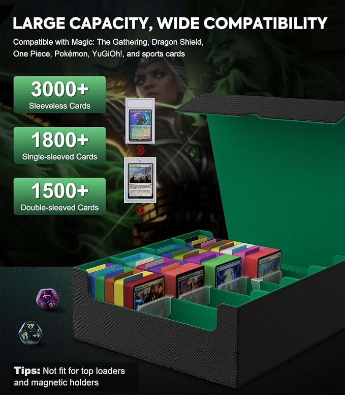 MoKo Trading Card Storage Box for MTG, 3000+ Card Organizer, Green | MTG Deck Box, w/ 24 Colorful Dividers & 4 Card Supporters, MTG Card Storage for Magic Game, TCG, PTG Baseball and Sport Cards - Image 3