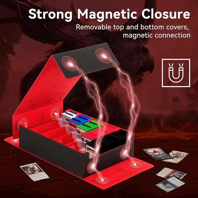 5 Row Trading Card Storage Box, 3800+Bulk Card Organizer Box with 20 Dividers & 5 Supporters, Graded Card Deck Box for YuGiOh, MTG, TCG with Double Lid Black/Red - Image 4
