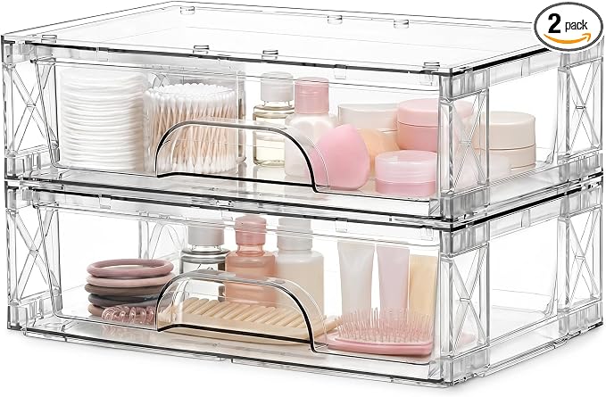 Clear Stackable Storage Drawers 2 Pack 3.5in Organizer Plastic Bins | Clear Plastic, Pull-Out Drawers, Easy Assembly, Stackable Design, for Cosmetics Bathroom Kitchen and Cabinet Storage by Outuxed