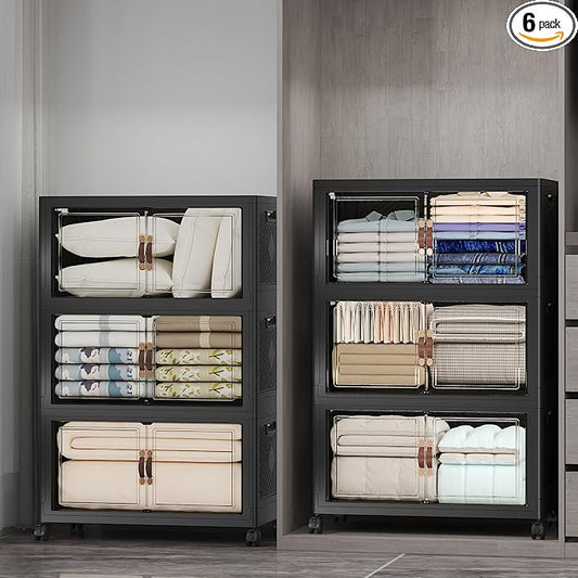 Stackable Storage Bins, 1050QT Collapsible Drawers with 2 Lids | Large Capacity, Magnetic Door, Stack Lock, Rolling Wheels, Foldable Design, Organizers and Storage for Bedroom Dorm Garage by UAMFURIDirect