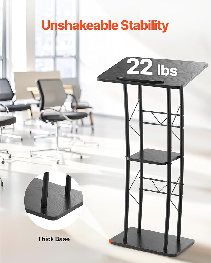 VEVOR Podium Stand, 47-Inch Metal Lectern, Curved Standing Podium with Wide Reading Surface, Open Storage Compartment, Book Stopper, Cup Holder, for Classroom, Wedding, Conference, Speech, and Concert - Image 5