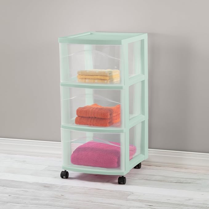 Sterilite 2 Pack 3 Drawer Storage Cart, Plastic Rolling Organization, Mint - Image 2