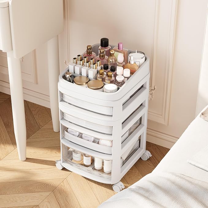 Rolling Cart with 4 Drawers, Clear Plastic Drawer Organizers, Vanity Cart | Dust Proof Under Desk Storage with Dividers for Makeup, Skincare, Art Crafts and Baby Items, Acrylic Cosmetic Organizer - Image 2