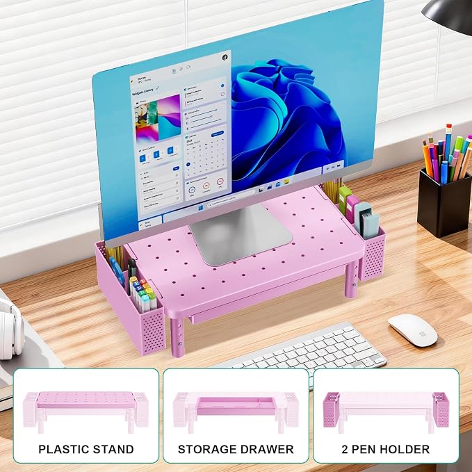 WALI Computer Monitor Stand with Storage, Desk Organizer with Drawer and Pen Holder, Desk Monitor Riser 3 Height Adjustable, Laptop Riser for Computer, Laptop, Printer (PTT003-P), 1 Pack, Pink - Image 8