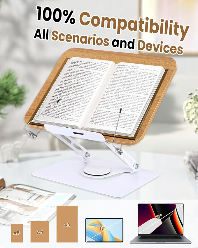 ASIEIT Book Stand for Reading, Adjustable Book Holder with 360° Rotating Base & Elastic Page Clips, Foldable Cookbook Stand, Portable Display Stand for Bible, Recipe, Magazine, Tablet, Laptop, Natural - Image 5