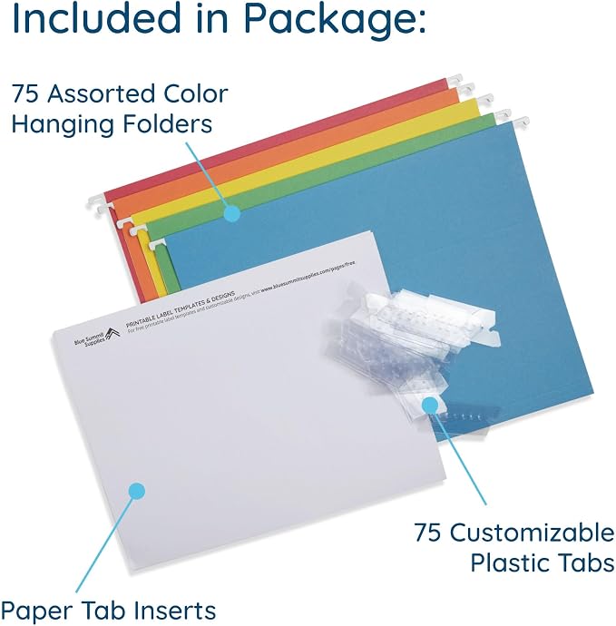 Blue Summit Supplies 75 Hanging File Folders, Letter Size, Assorted Colors | Durable 11pt paper, 1/5 cut tabs, 11.75 x 9.25 in, medical charts, office and home filing - Image 2