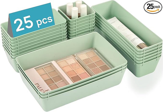 Vtopmart 25 Pack Plastic Drawer Organizers with Non-slip Rubber Pads | 4-Size Versatile Makeup Organizer, Storage Containers Small Bins for Makeup, Jewelries, Bedroom, Kitchen Utensils and Office by Vtopmart