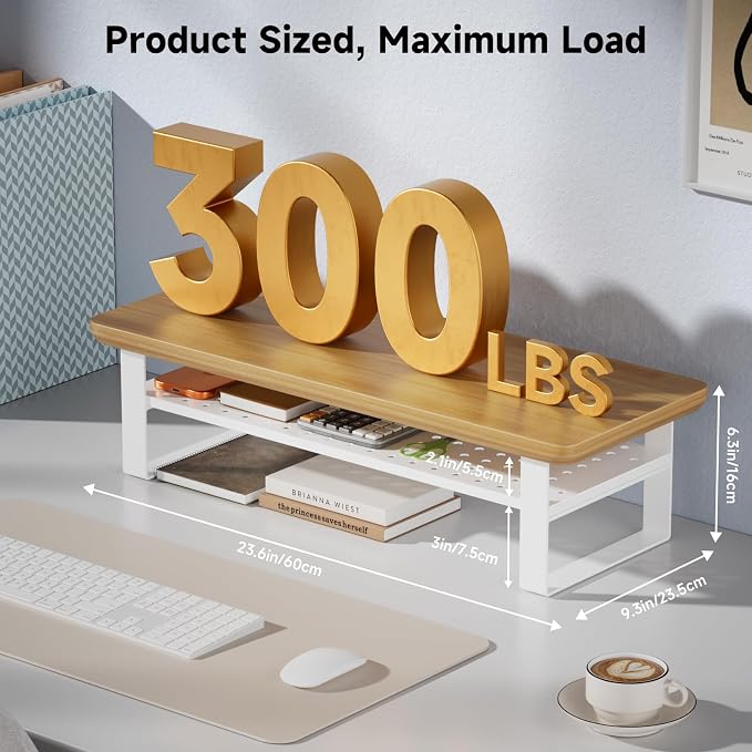 Monitor Stand Riser, 24 Inch Computer Monitor Stand for Desk, 2-Tier Wood Desk Shelf Organizer with Storage, Desktop Stand for Laptop/Screen/PC/Printer, Ergonomic Home Office Monitor Stand - Image 2