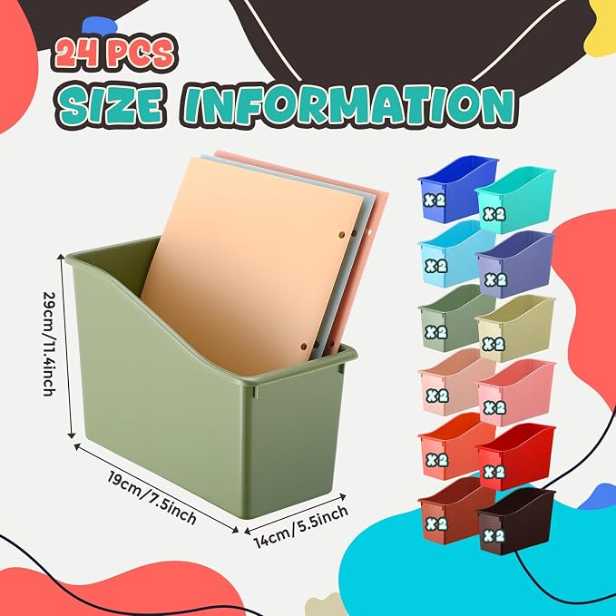 Teling 24 Pcs Plastic Book Bins Bulk for Classroom Interlocking Magazine Holder Organizer Folder Binder Storage Container Box with Name Labels for School Office Home Supply (Retro Earth Tone) - Image 2
