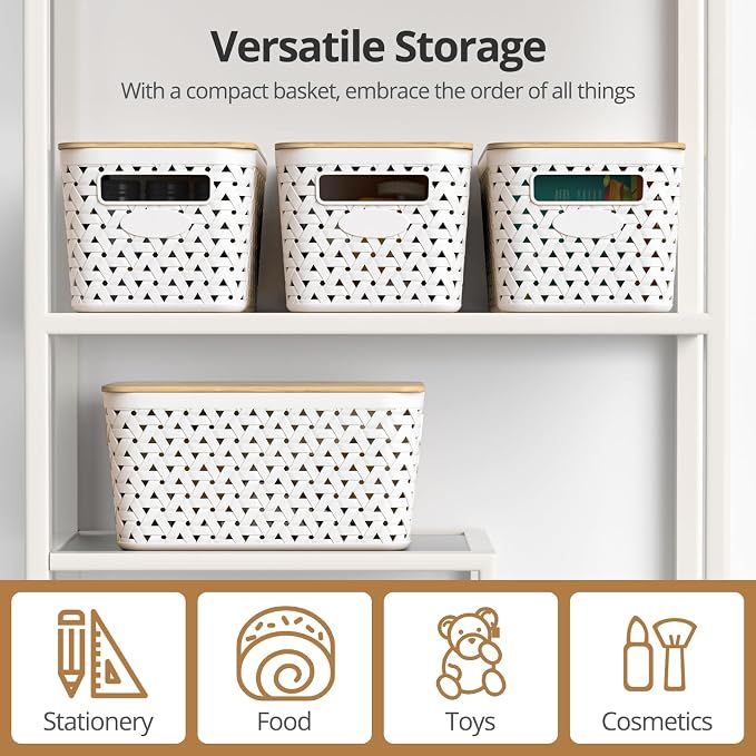 Plastic Storage Bins with Bamboo Lids, Stackable Small Box Baskets for Organizing and Containers for Shelves Drawers Desktop Closet Pantry Classroom Office Home, 4 Pack 12x7.3x6.2 Inch, White - Image 5