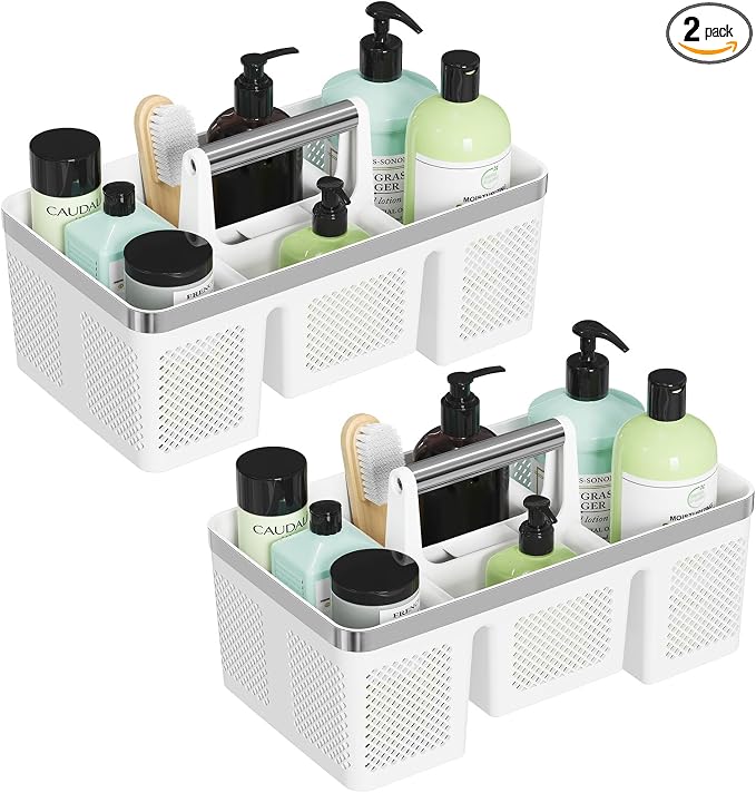 BYUNER 2Pack Plastic Shower Caddy: Portable Shower & Bathroom Caddy Tote with Handle, 4 Divided Compartments, Hard Plastic Shower Basket with All-Side Drainage for College Dorm Room Essentials by MakesYourHomeMoreOrganized