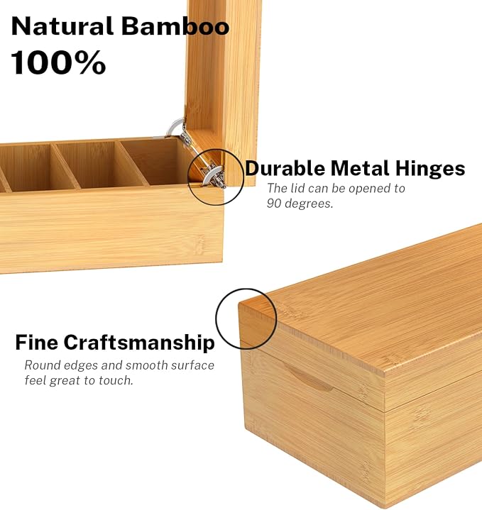 Neando Extra-Large Bamboo Index Card Organizer for 5x8 Cards – Wooden Storage Box with Lid, 4 Compartments, 600-Card Capacity, Includes 20 Tabbed Guides – Natural Filing Box for Home & Office - Image 2