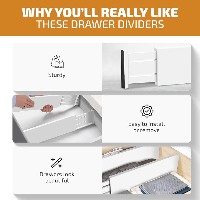 6-Pack Drawer Dividers - 6 Inches High, Adjustable 11 to 17 Inches Bamboo Drawer Organizer, Large Expandable Separator for Clothes, Dresser, Bedroom, Bathroom, Baby, Office, Kitchen Utensil, White - Image 3