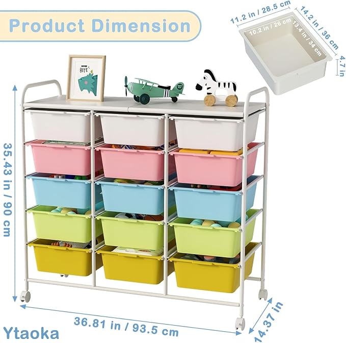 Ytaoka 15 Drawers Rolling Cart With Wheels, Plastic Storage Drawer With Metal Frame, Multipurpose Art Craft Organizer, Utility Cart for Home, Office, School, Multicolor - Image 3