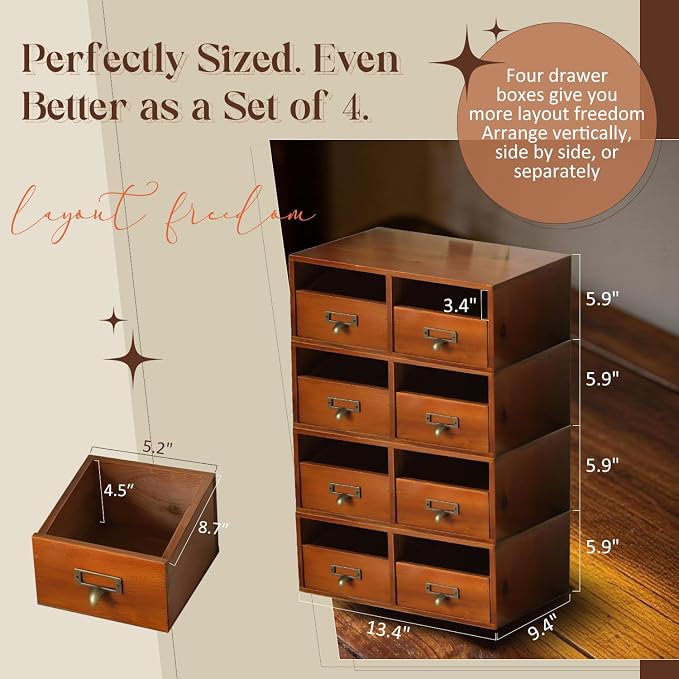 4-Pack Wide Wooden Desktop Drawer Organizer with Brass Label Holders - Horizontal Storage for Long Desks, Counters, Shelves, Stackable Card Catalog - Solid Wood Small Item Organizer for Office & Home - Image 3