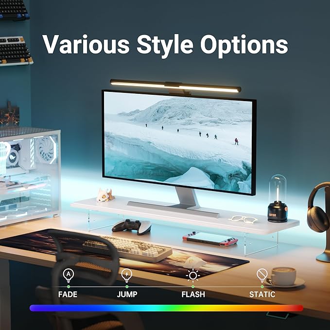 AFOOYO Monitor Stand Riser,31.5-Inch LED Light Wood Computer Monitor Stand with Adjustable Acrylic Legs,Desk Accessories Desktop Organizer Stand for, Computer,Laptop,Printer,PC TV Screen Riser,White - Image 3