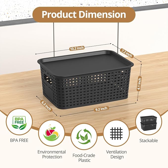 Plastic Storage Basket with Lid, Stackable Small Box Bins for Organizing and Containers for Shelves Drawers Desktop Closet Playroom Pantry Classroom Office Home, 8 Pack 10.2x7.2x4.1 Inch, Black - Image 2