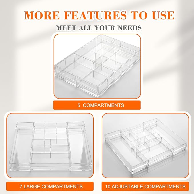 Briwooody Clear Acrylic Drawer Organizer Expandable,9 Compartments,Large | 9'' up to 18'' x 12'' x 2.1'' Desk Drawer Organizer Trays Adjustable with Desk Accessories for Makeup Office Bathroom - Image 3