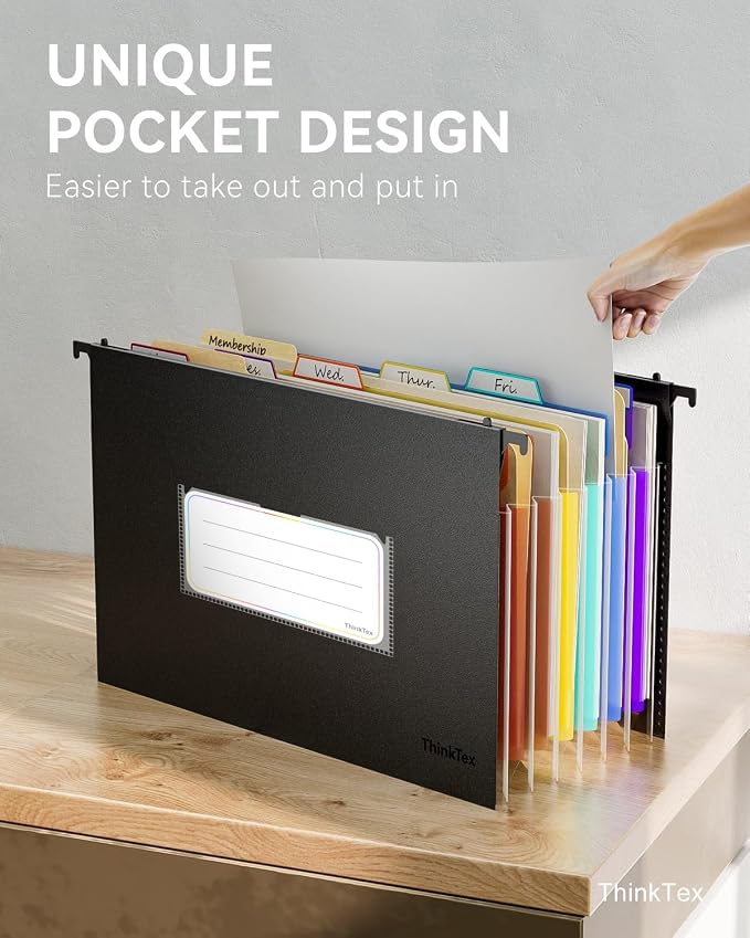 ThinkTex Plastic Expanding Hanging File Folders, 7 Innovative 1.2" Accordion Pockets, Large Capacity, Multi-Color Tabs, Legal Size for Filing Cabinet - 3 Packs | Large Capacity, Multi-Color Tabs, Legal Size for Filing Cabinet - 3 Packs - Image 7