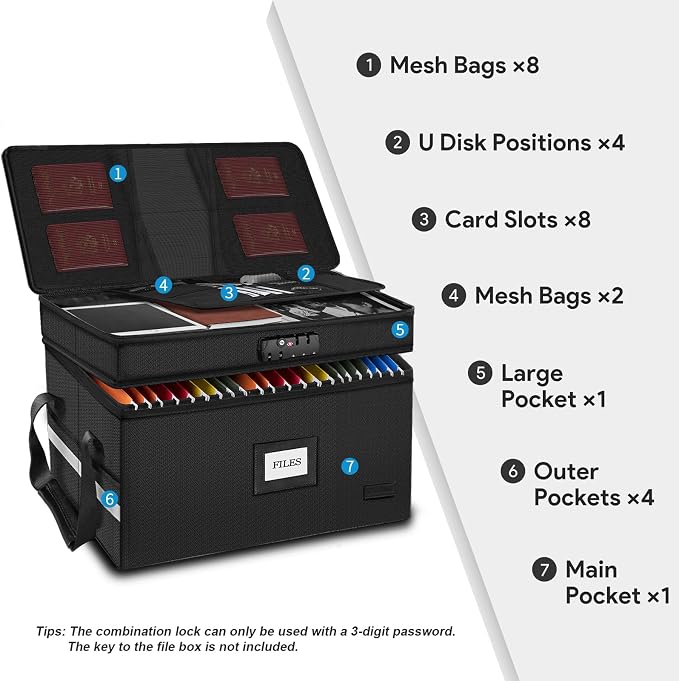 Large Fireproof Document Box with Lock, 2 Layer File Storage Organizer Box | Portable Office Collapsible File Storage with Reflective Strip & Handle for Hanging Letters, Legal Size Folder, Certificate - Image 3