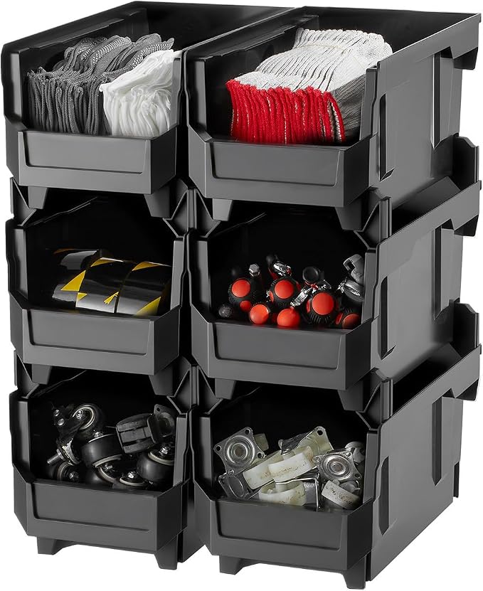 VEVOR Plastic Stackable Storage Bins, 14.8 x 8.5 x 7.1 inch (6 Pack), Plastic Containers for Organizing and Storage Bins for Closet, Garage, Small Parts, Office Supplies and Other Accessories, Black by VEVOR