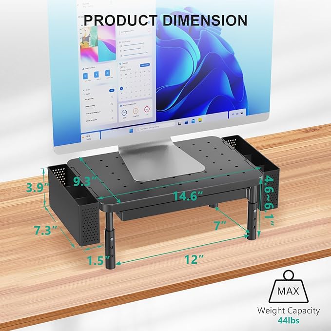 WALI Computer Monitor Stand with Storage, Desk Organizer with Drawer and Pen Holder, Desk Monitor Riser 3 Height Adjustable, Laptop Riser for Computer, Laptop, Printer(PTT003-B), 1 Pack, Black - Image 7