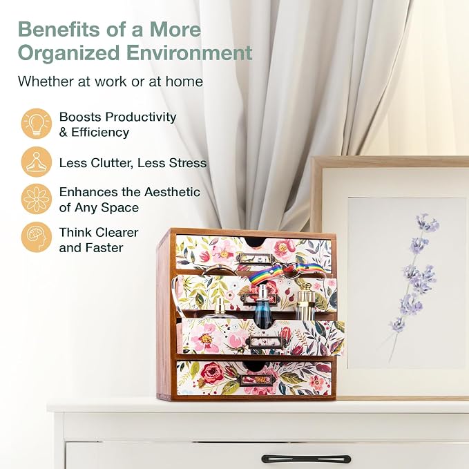 4-Drawer Vintage Desk Wood Storage Box With Drawers in Floral Chintz - Wooden Table Organizer I End Clutter & Dullness, Personalize Your Workspace - Beautiful Flower Design for Office & Home - Image 7