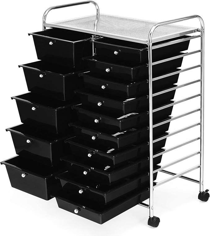 DORTALA 15-Drawer Rolling Storage Cart with Drawers, Rolling Utility Cart w/Removable Drawers & Universal Wheels, Tools Scrapbook Paper Organizer for School, Office, Home, Classroom (Black) by DORTALA