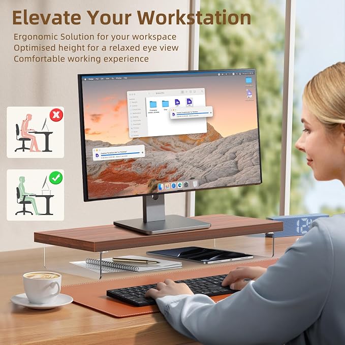 Monitor Stand Riser, 25x10 in Wood & Acrylic Computer Desk Organizer Shelf | Computer Monitor Stand With Wood & Acrylic Design; Works As Laptop Riser, Printer Stand, TV Screen Riser And Desk Organizer. - Image 6