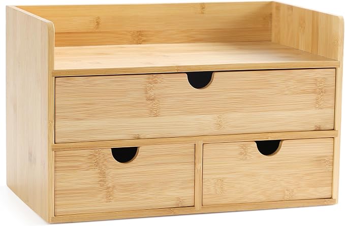 Bamboo Desk Organizer with Drawers, Desktop Storage for Office Supplies | 3 Drawers Desktop organizer, No Assembly Required, Natural Wood Wooden Desktop Drawers Box for Bills, Cosmetics, Seals, Paper by Wisuce