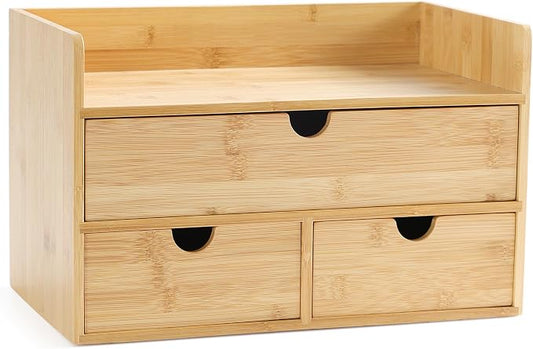 Bamboo Desk Organizer with Drawers, Desktop Storage for Office Supplies | 3 Drawers Desktop organizer, No Assembly Required, Natural Wood Wooden Desktop Drawers Box for Bills, Cosmetics, Seals, Paper by Wisuce