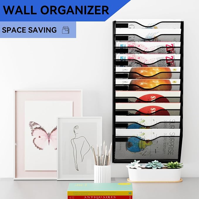 10 Pockets Hanging Wall File Organizer Mail Holder, Wall Mounted Paper Document Folder Holder, Clipboard Storage Organization Magazine Rack, Black - Image 2