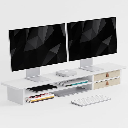 FENSULN Dual‑Tier Monitor Stand Riser with Drawers, Desktop Organizer Shelf Storage for Computer Screen 2 Monitors, Supports for PC Computer Monitor, Printer, Heavy TV Riser White by FENSULN