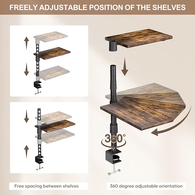 3 Tier Clamp On Desk Shelf - Over Or Under Table Clamp Shelf,360° Rotatable Desk Storage for Home Office, Gaming Devices,Storage Tray,and More, Rustic Vintage Brown Desktop Shelves - Image 7