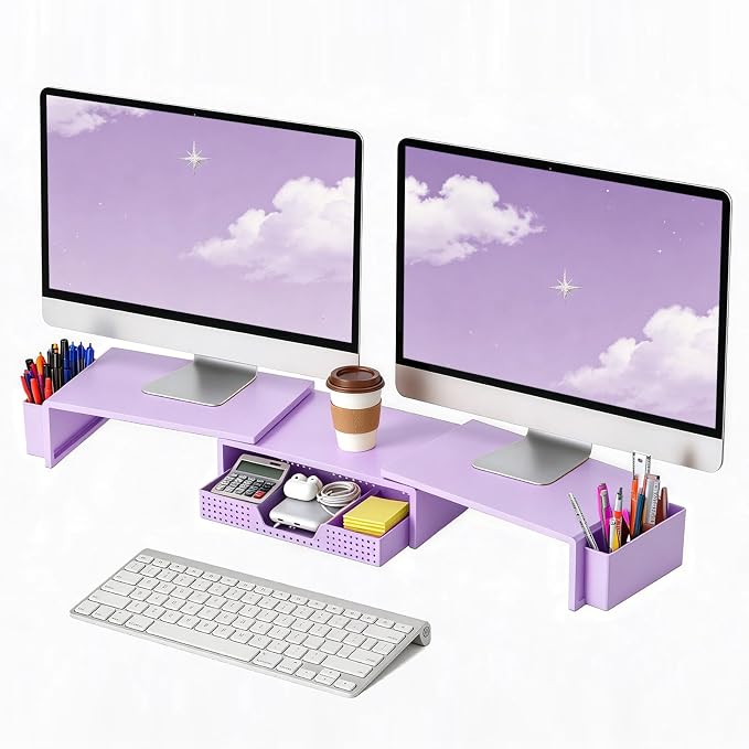 LEKETREE Dual Monitor Stand Riser with Drawer, Desk Organizer and Accessories, Monitor Stand for Desk, Desktop Stand for Computer, Laptop, TV and More (Purple) by Stylishworkspaceeffortlessorganization