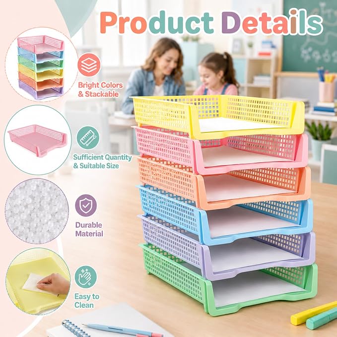 Set of 12 Pastel Turn in Trays for Teachers Stackable Classroom Paper Letter Trays Plastic Classroom Desk Letter Organizer Tray Storage Baskets for Library, Drawers, Office, Home - Image 4