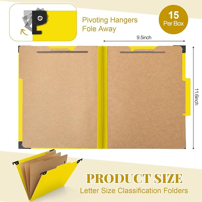 Henoyso 15 Pcs Hanging Classification Folders with Prongs, 3 Divider/ 8 Section, Letter Size, 8 Fasteners, 4 Inch Expansions, 1/3-cut Tab Pressboard File Folder for Office School Medical(Yellow) - Image 2