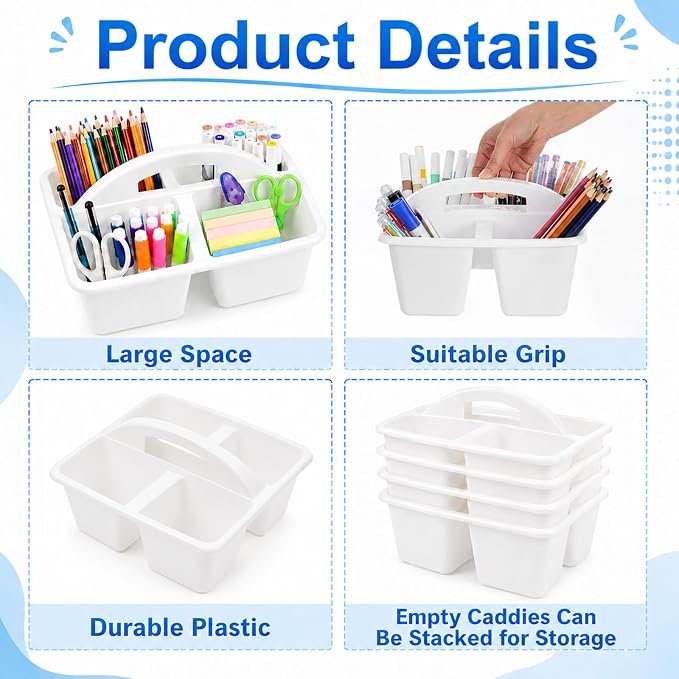 6 Pack Assorted Colors Classrooms Caddy 4 Compartment Classroom Caddy Compartment Caddies Set Table Caddies Classrooms with Handle for Classroom Organization Table Desk Office Supplies(White) - Image 3