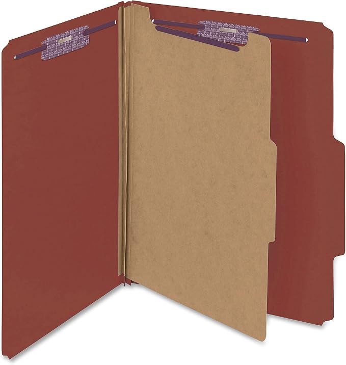 Smead Pressboard Classification File Folder with SafeSHIELD Fasteners, 1 Divider, 2" Expansion, Letter Size, Red, 10 per Box (13775) by SMEAD