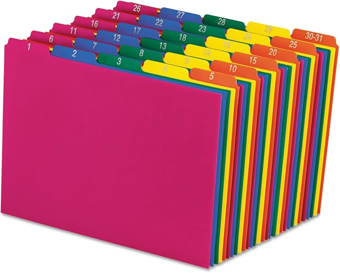 Pendaflex 40143 Top Tab File Guides, Daily/1-31, 1/5 Tab, Polypropylene, Letter (Set of 31), Blue, Green, Magenta, Strawberry, Yellow - Image 3