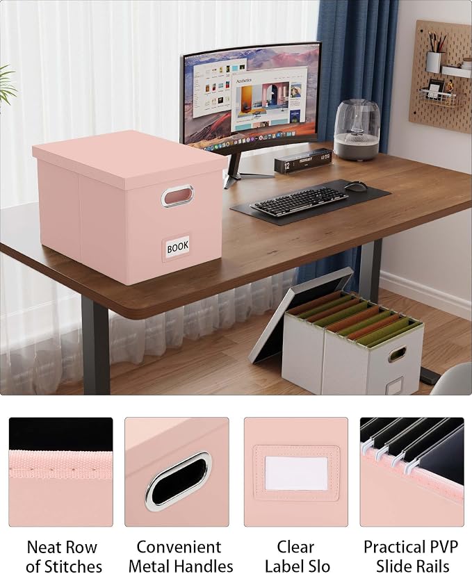 File Organizer Box with Lid, Portable Hanging File Box for Letter/Legal Files, Office/Decor/Home, Cream-pink (Leather), 1 Pack - Image 3