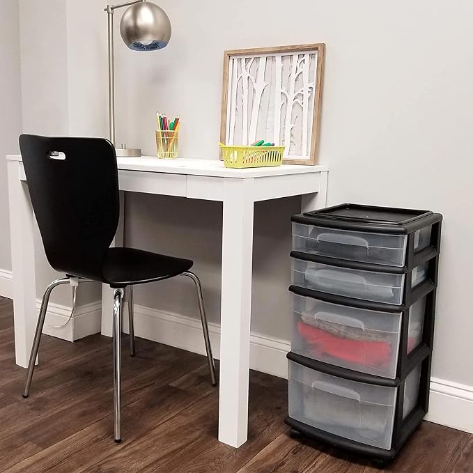 HOMZ Drawer Tower, 4-Tier Clear Plastic Storage Organizer Cart, Black Frame - Rolling Drawers with Wheels for Desk, Dresser, Cabinet, Bedroom, Bathroom, Closet, Classroom, and Office Organization - Image 2