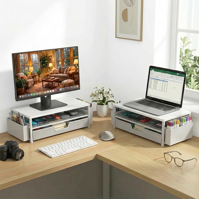 ECOLOVI Desk Organizer and Accessories, 2-Tier Computer Monitor Stand Rise with Storage Drawer & 2 Pen Holders, Laptop & Printer Stand for Desktop, Workspace Organizers for Office Supplies (White) - Image 5
